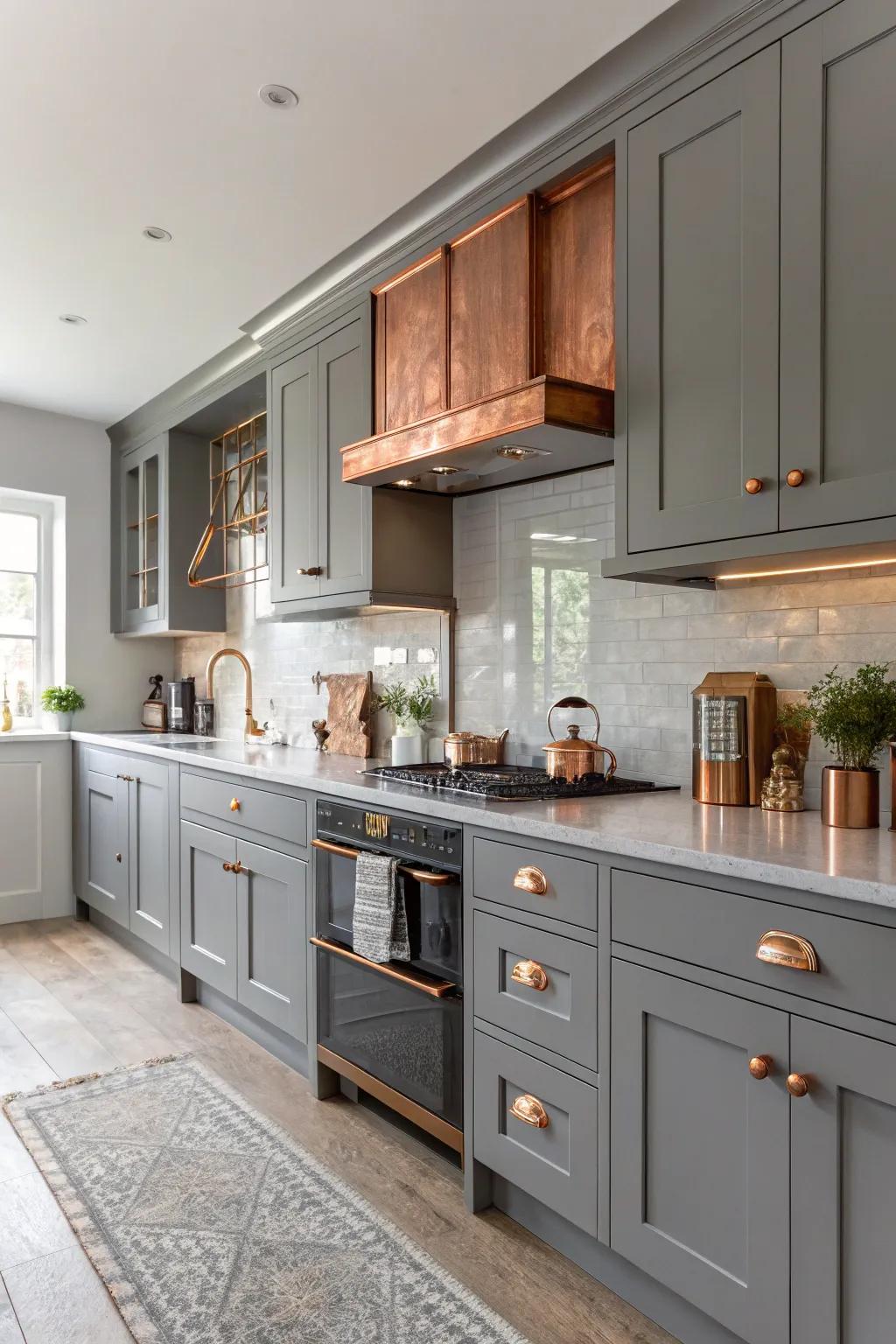 Copper accents add a chic contrast to the gray kitchen cabinets.