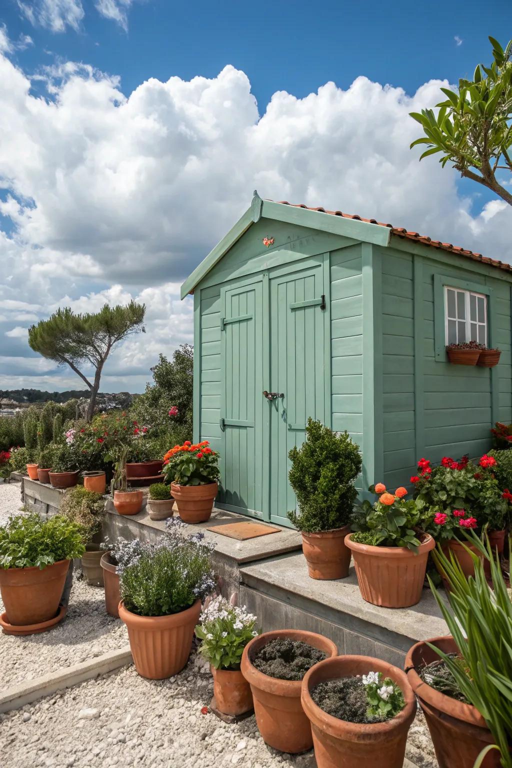 A seafoam green storage brings Mediterranean charm to the garden.