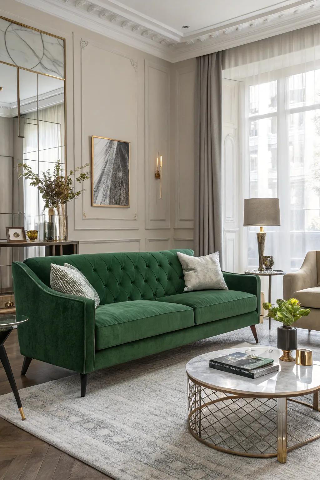 A chic lounge featuring a green velvet couch and modern design.