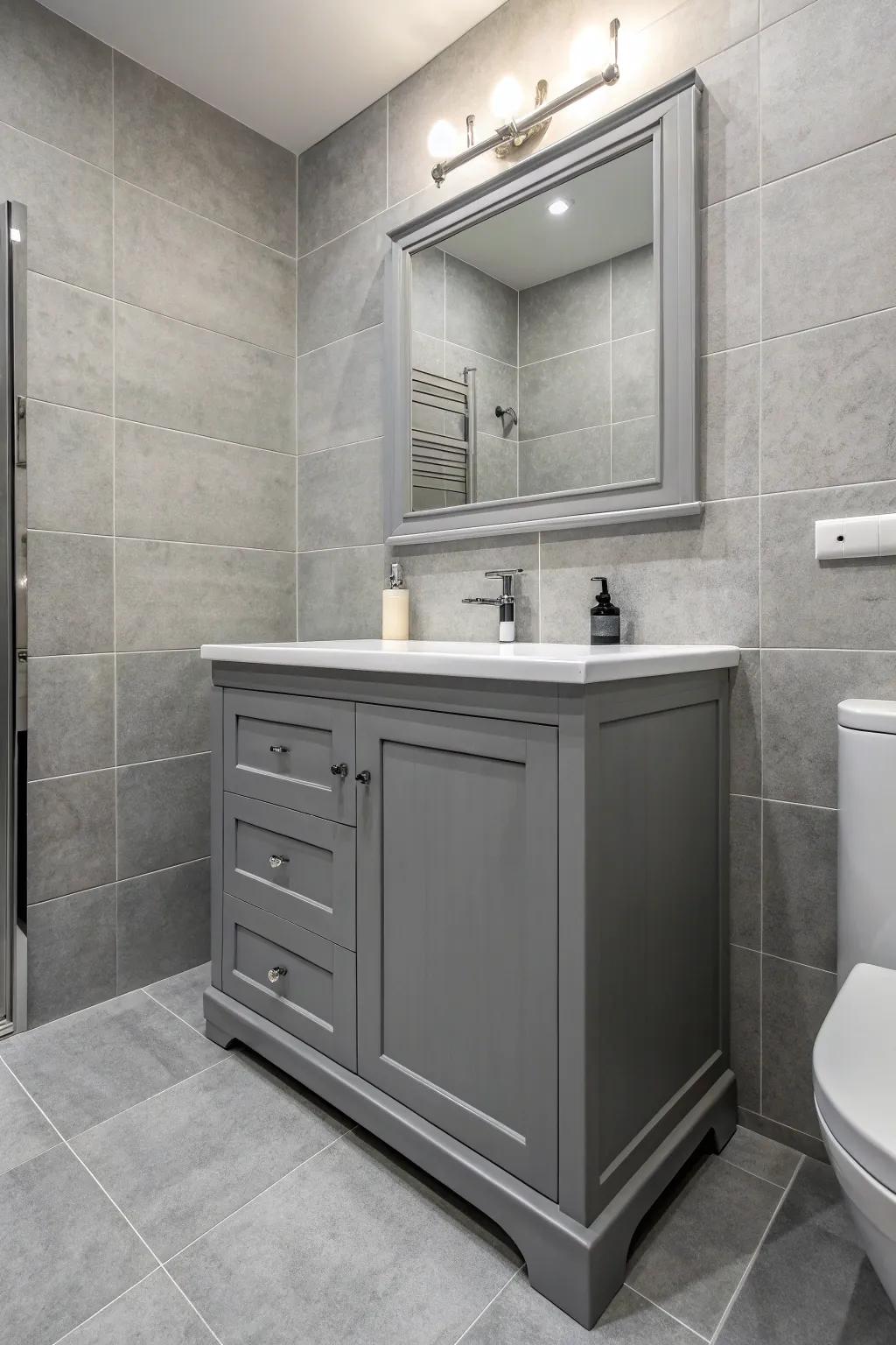 A grey surface component adds style and functionality to the bathroom.