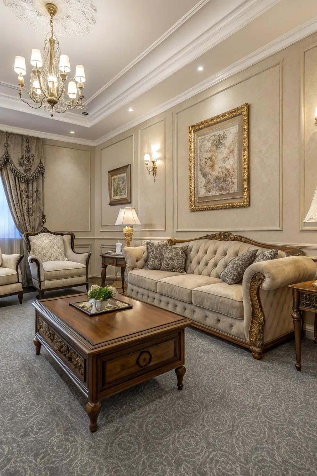 Stone walls offer ageless elegance alongside grey carpets.