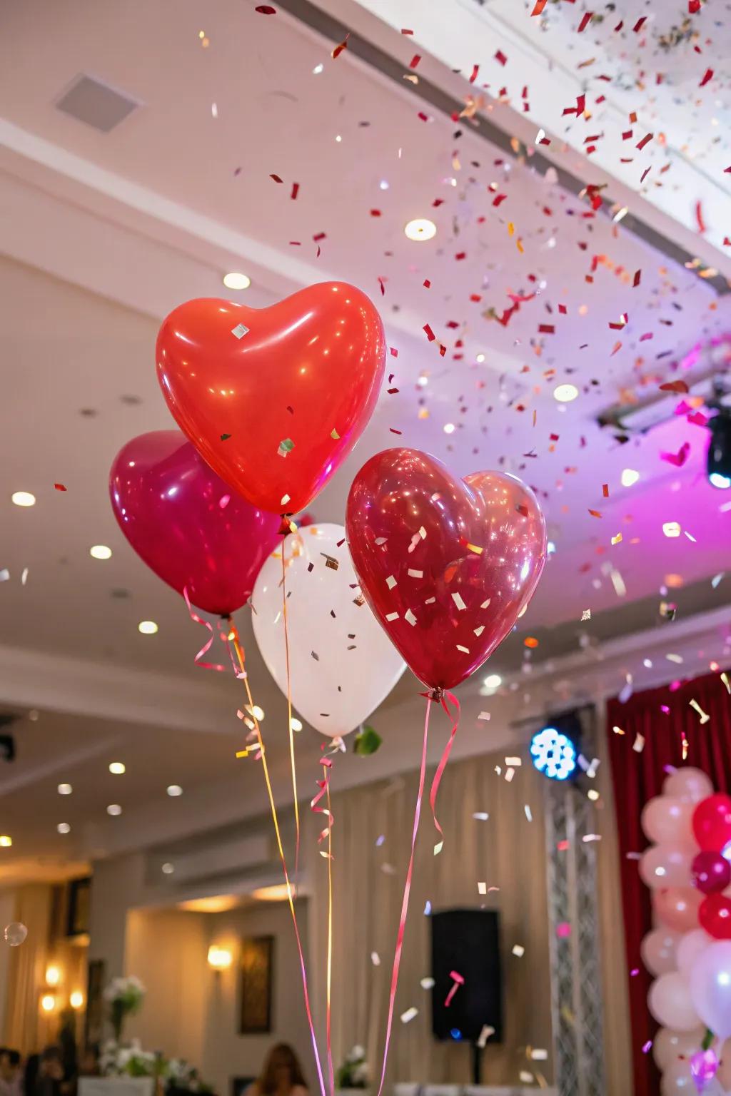 A festive heart inflatable confetti shower for commemorations.