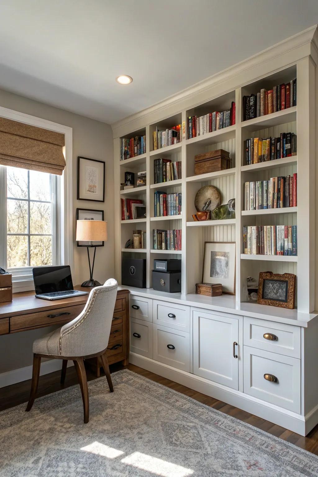 Vertical keeping solutions maintain your workspace organized and expansive.