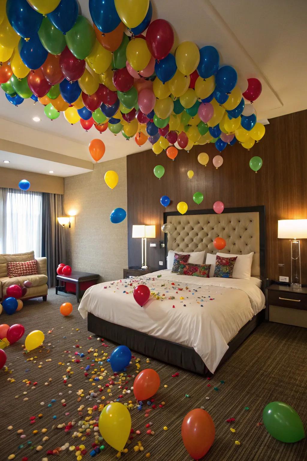 Surprise via a dramatic and spirited balloon cascade.