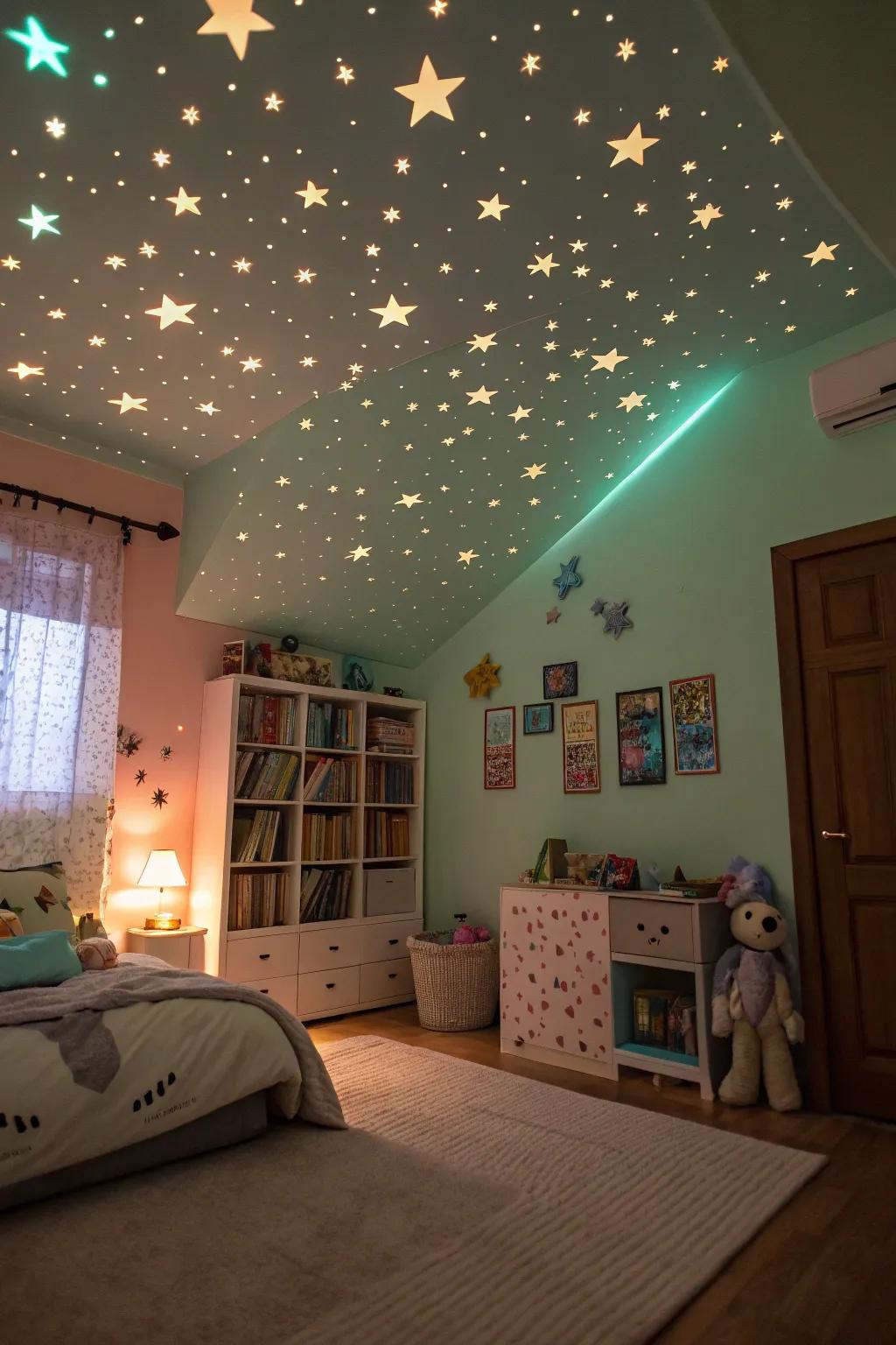 A snug children's chamber with illumination-in-the-dark pigment establishing a starlit night effect on the overhead plane.