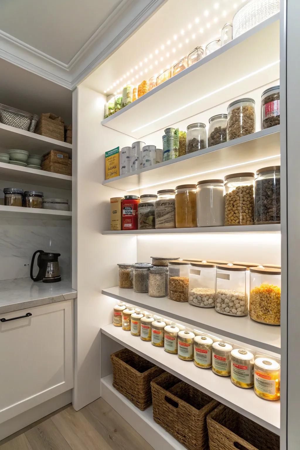 LED strip lighting enhances the ambiance and visibility in a pantry.