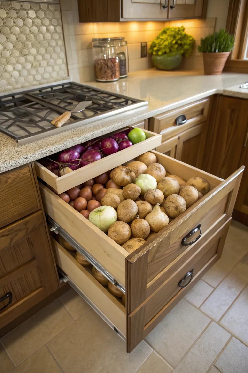 Dedicated produce drawers maintain kitchen organization and eliminate clutter.