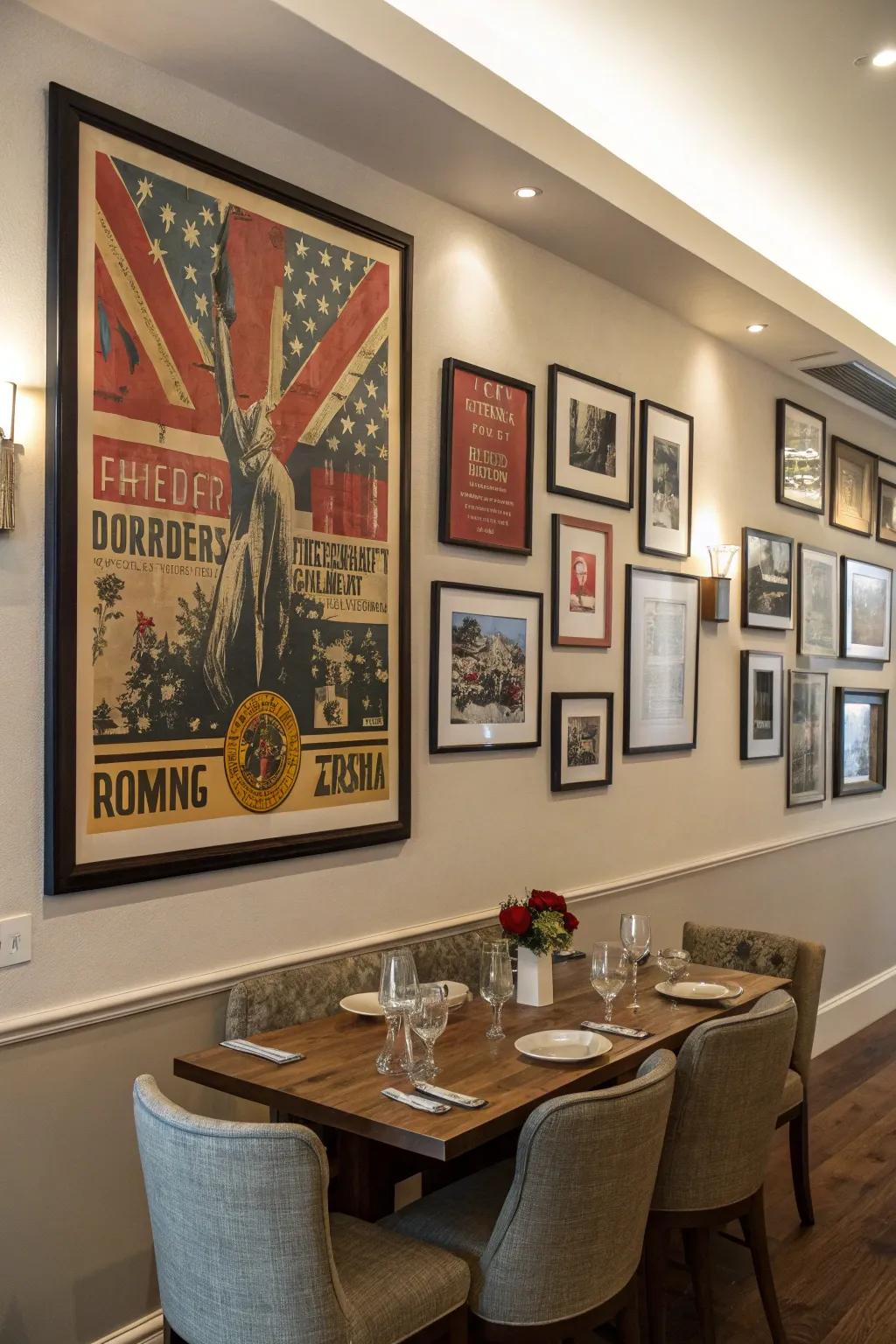 Pairing a large statement piece with smaller frames delivers balance.