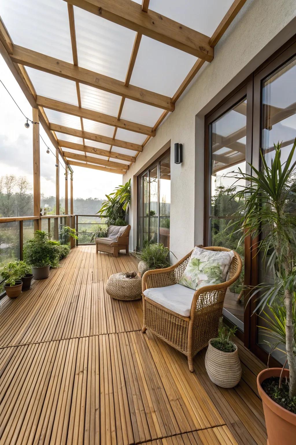 Eco-friendly materials like bamboo emphasize the sustainability of this indoor deck.