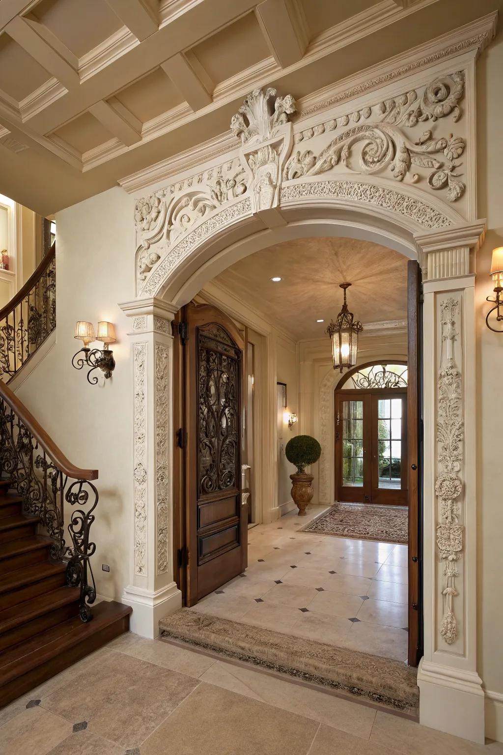 An entryway featuring vintage-inspired trim for an inviting, nostalgic atmosphere.