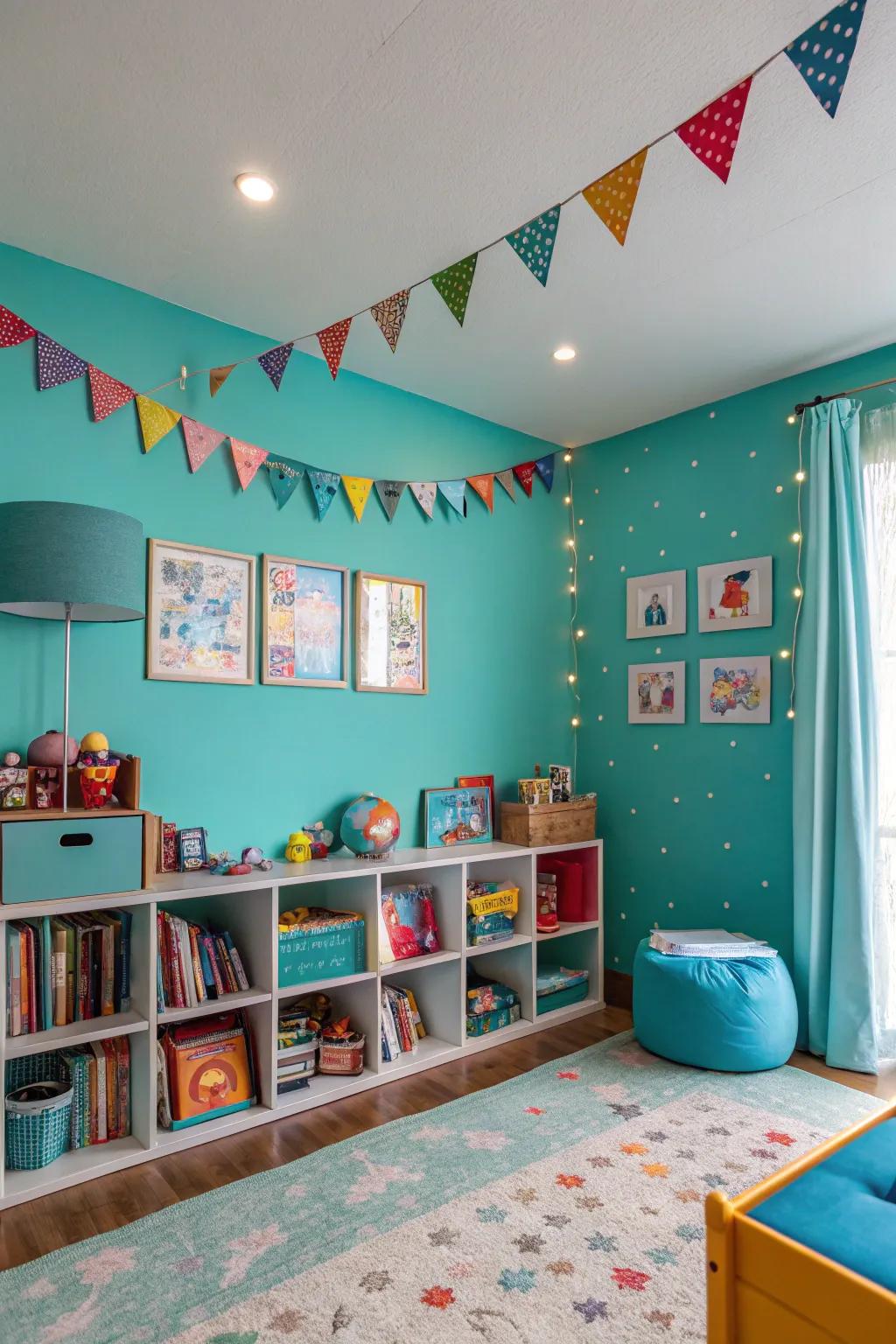 Vivid teal creates a lively and inspiring space.