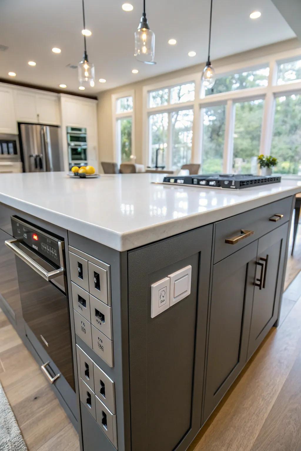 A smart island featuring integrated power access for enhanced convenience.