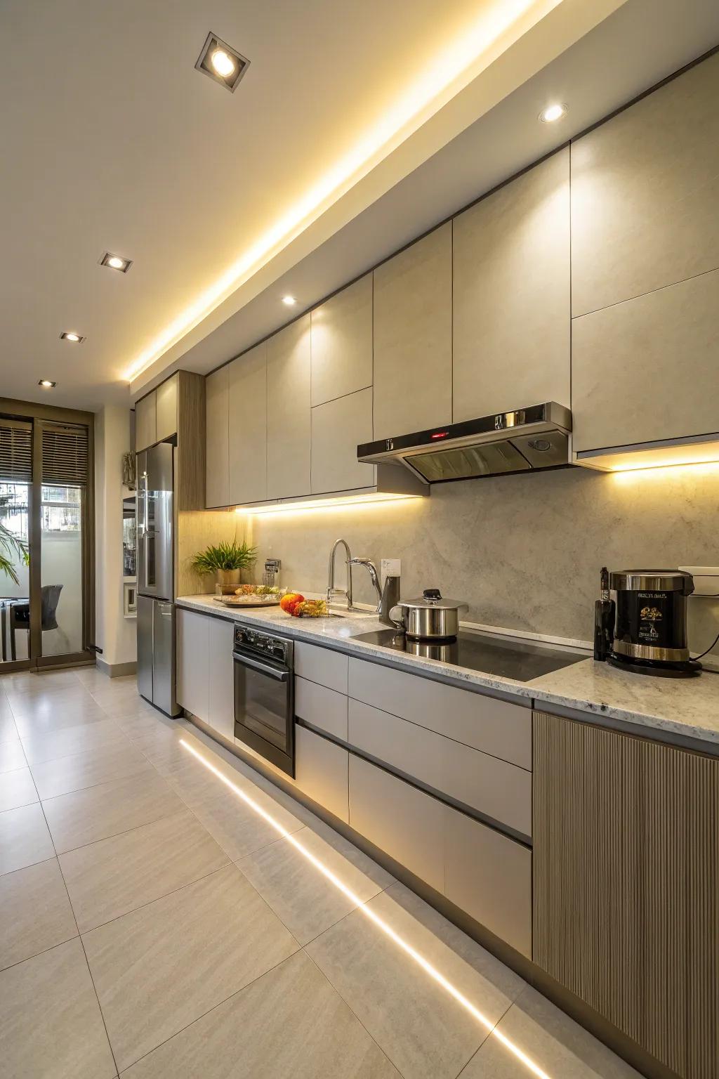 Under-cabinet illumination delivers functional elegance and a modern touch to this culinary space.