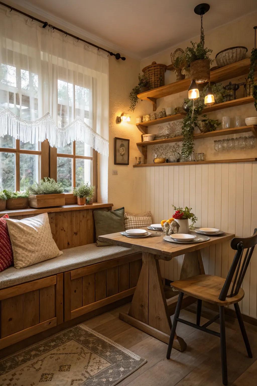 In a small space, a seating nook provides a comfortable dining experience.