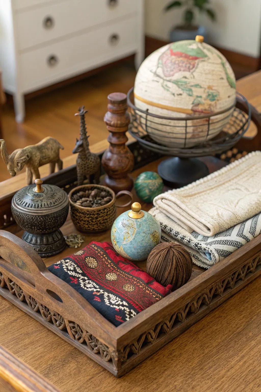 Global artifacts enrich culinary design showcasing cultural heterogeneity.