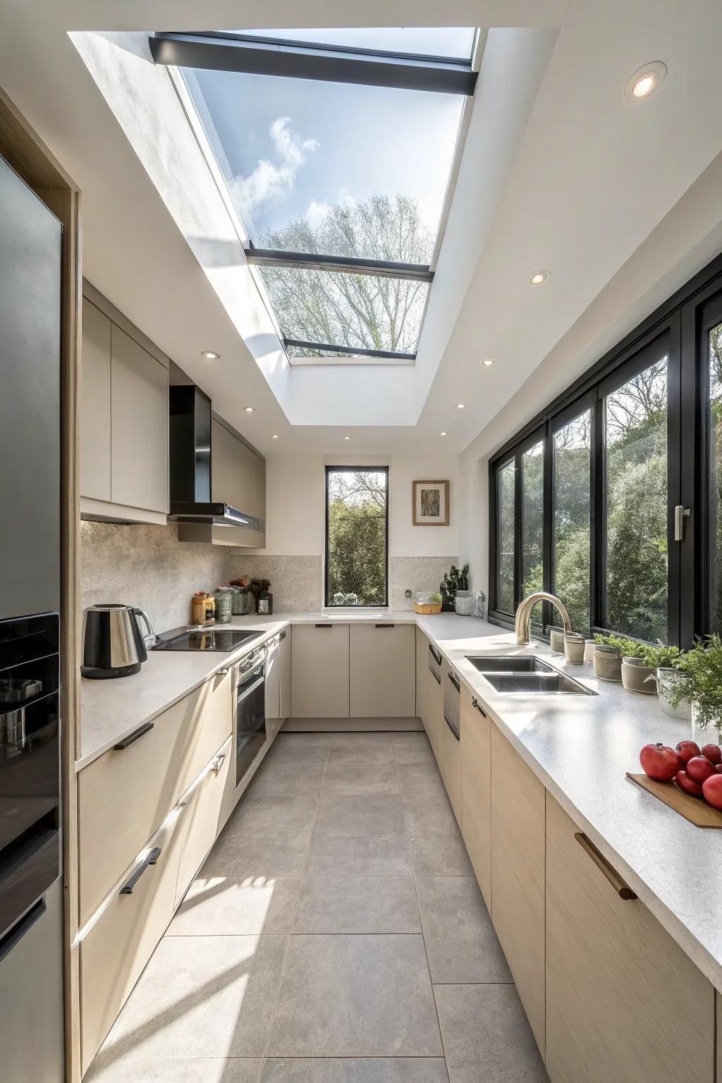 A skylight imparts both luminosity and a perception of amplified space within this compact kitchen.