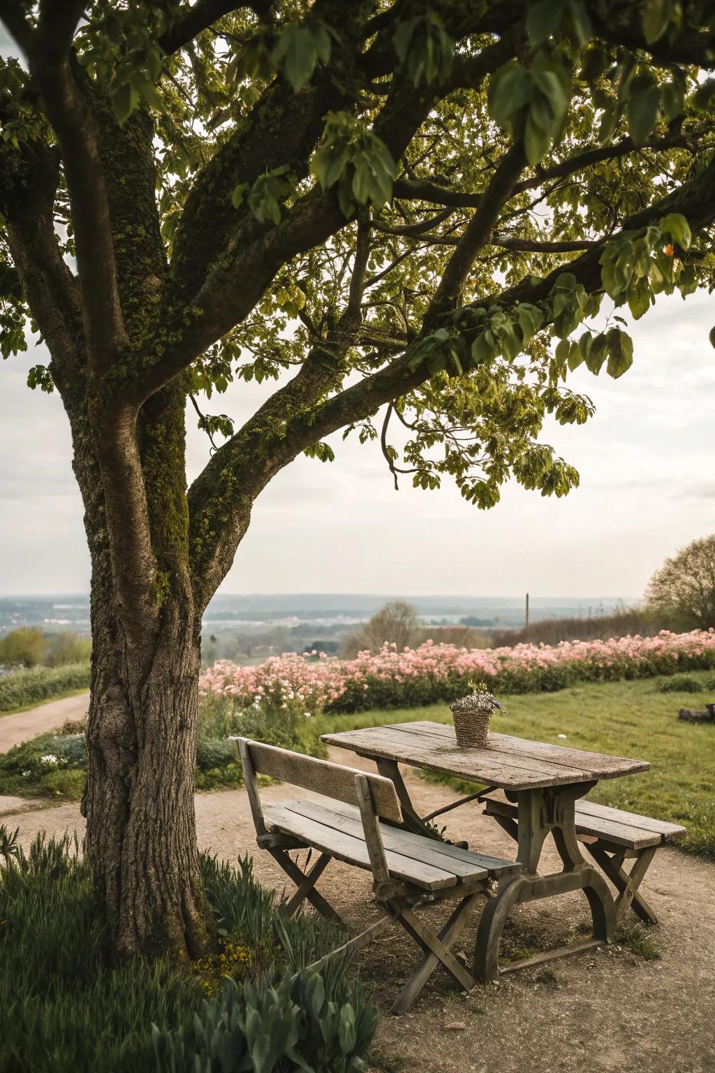 A seating zone invites you to unwind and relish the garden's elegance.