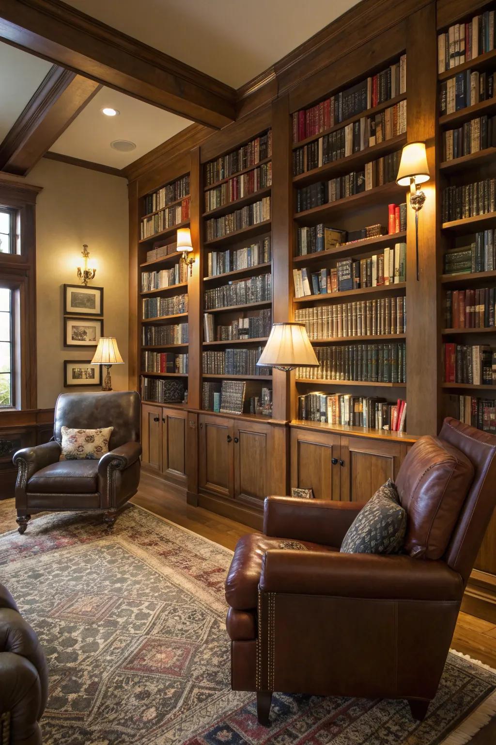 A personal library provides a tranquil escape teeming with literary treasures.