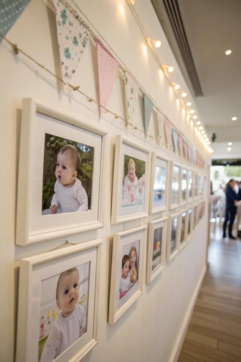 A nostalgic photo wall featuring baby pictures of the parents-to-be.