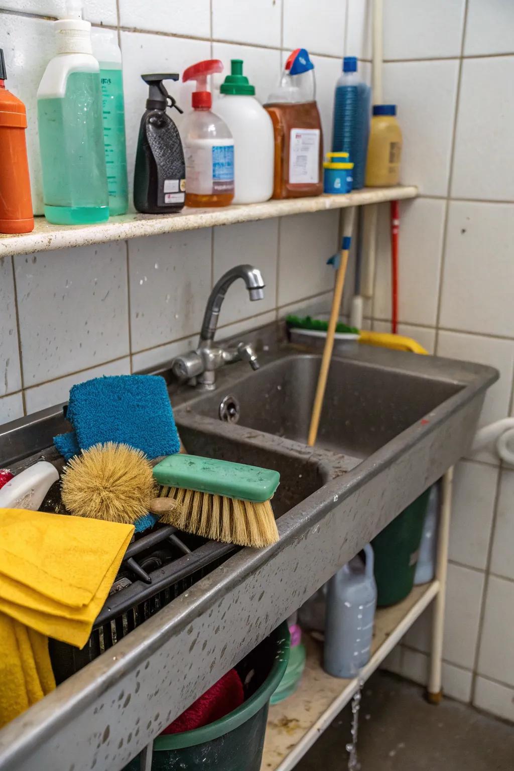 A useful utility sink shelf for additional storage.