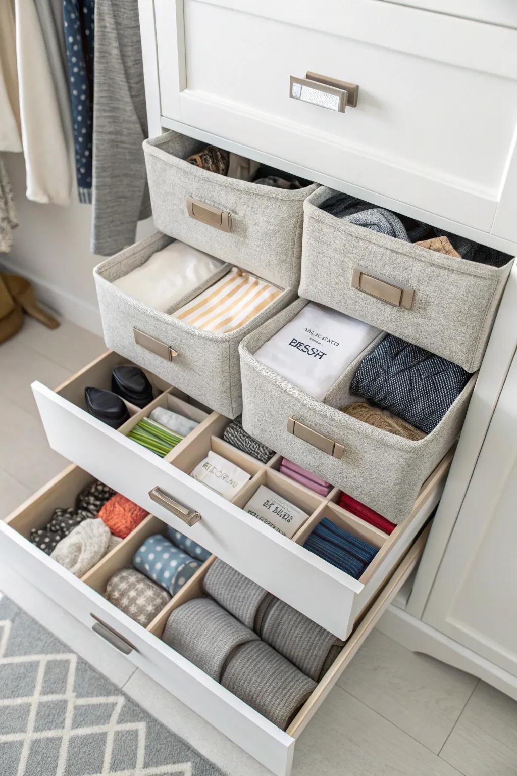 Drawer dividers aid in organizing smaller items within a linen closet.
