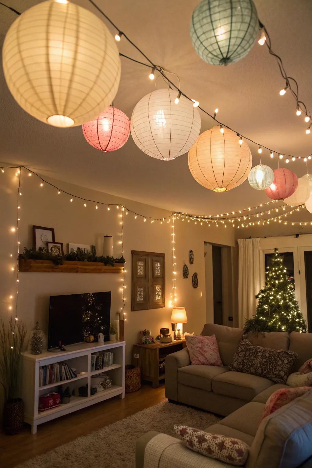 Ceiling-hanging decor offers a surprising and whimsical element to your holiday setup.