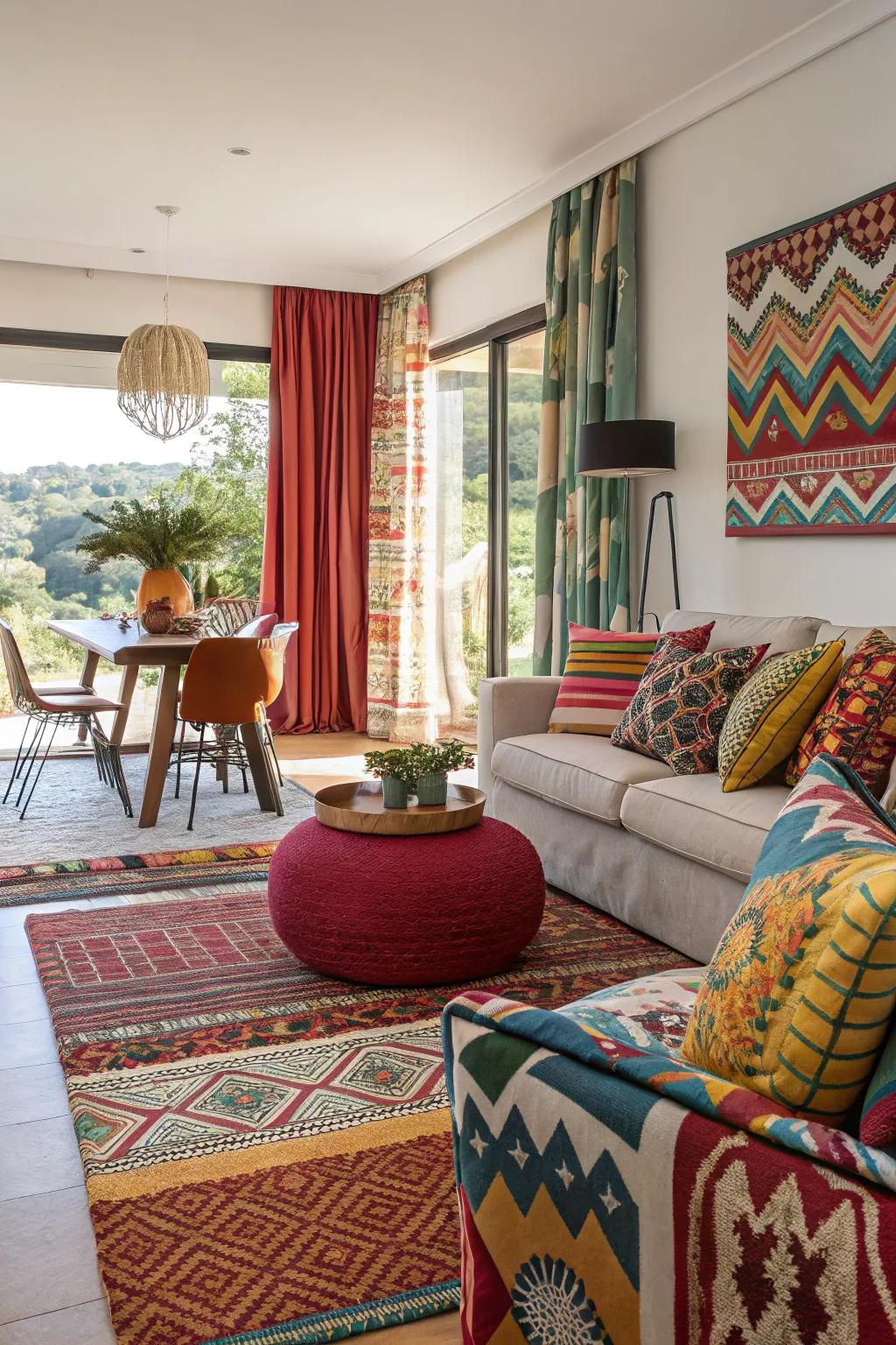 Daring patterns infuse energy and vibrancy into a combined space.