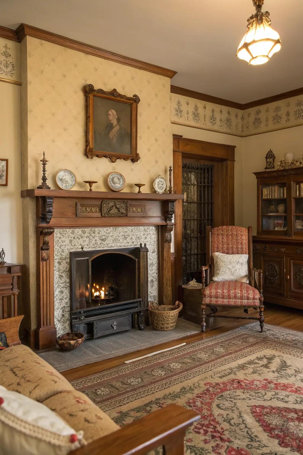 A living space that commemorates historic charm with a vintage hearth.
