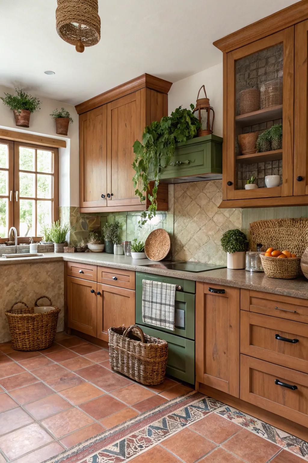 A warm culinary space with lightwood units and earthy hues for a soothing atmosphere.