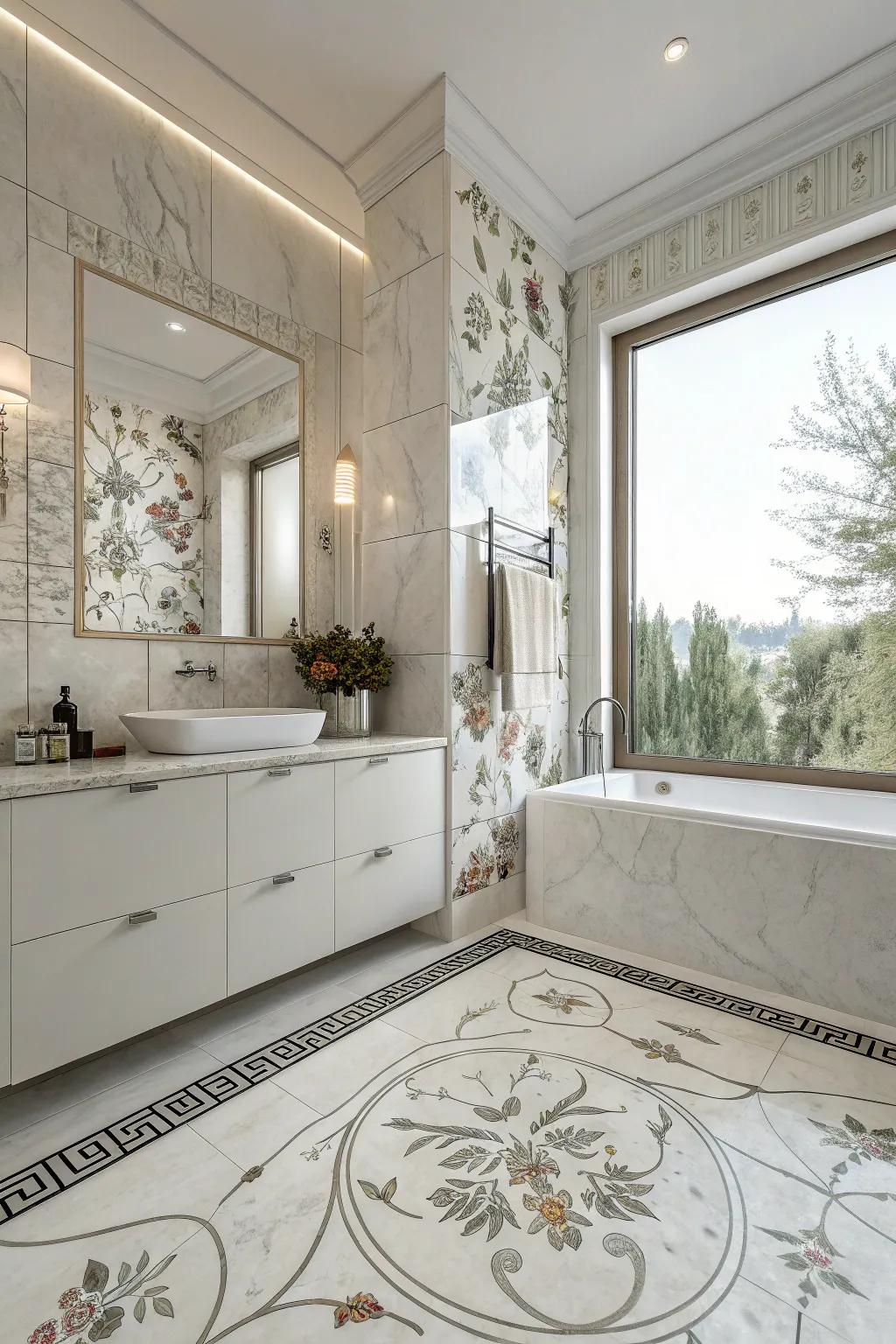 Chic botanical limestone-effect porcelain tiles add a whimsical touch to the bathroom.