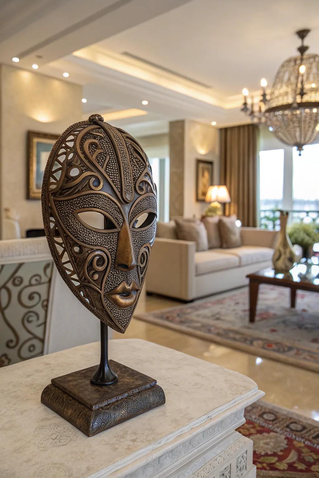 A metalwork mask sculpture impressing with its detailed artistry.