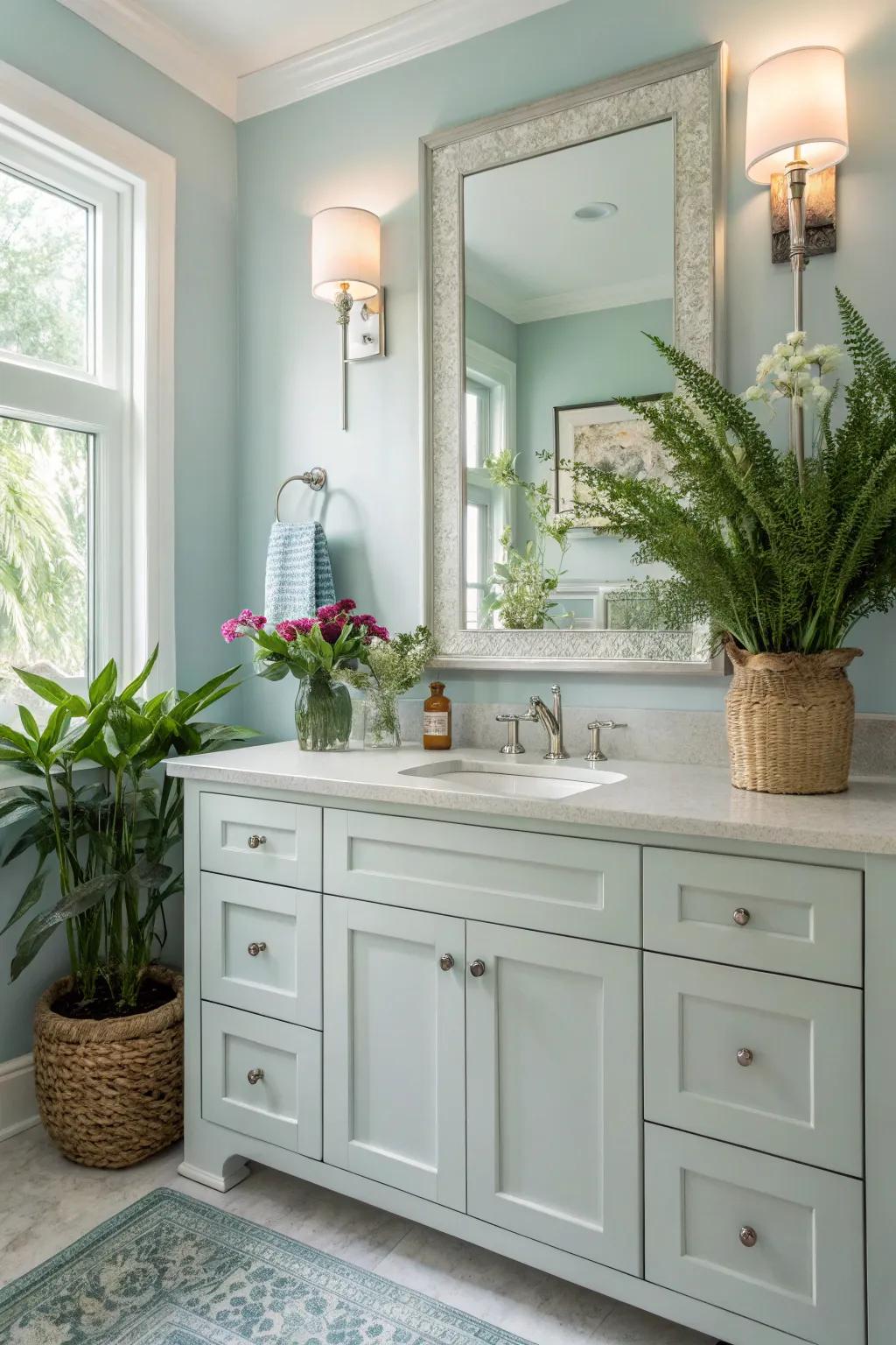 A serene restroom vanity area design showcasing soothing hues and organic elements.