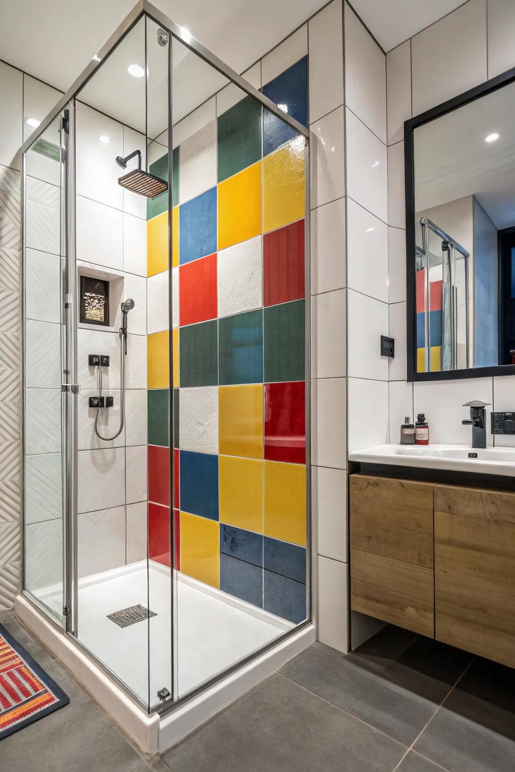 A shower stall exhibiting audacious pigment-partitioned pavers for a dramatic, modern proclamation.