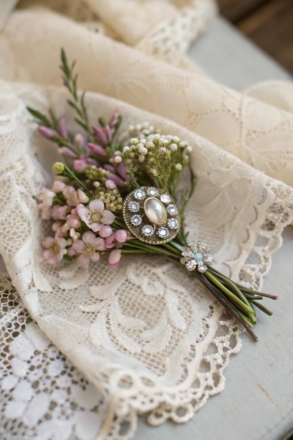 A vintage brooch contributes heritage and style.