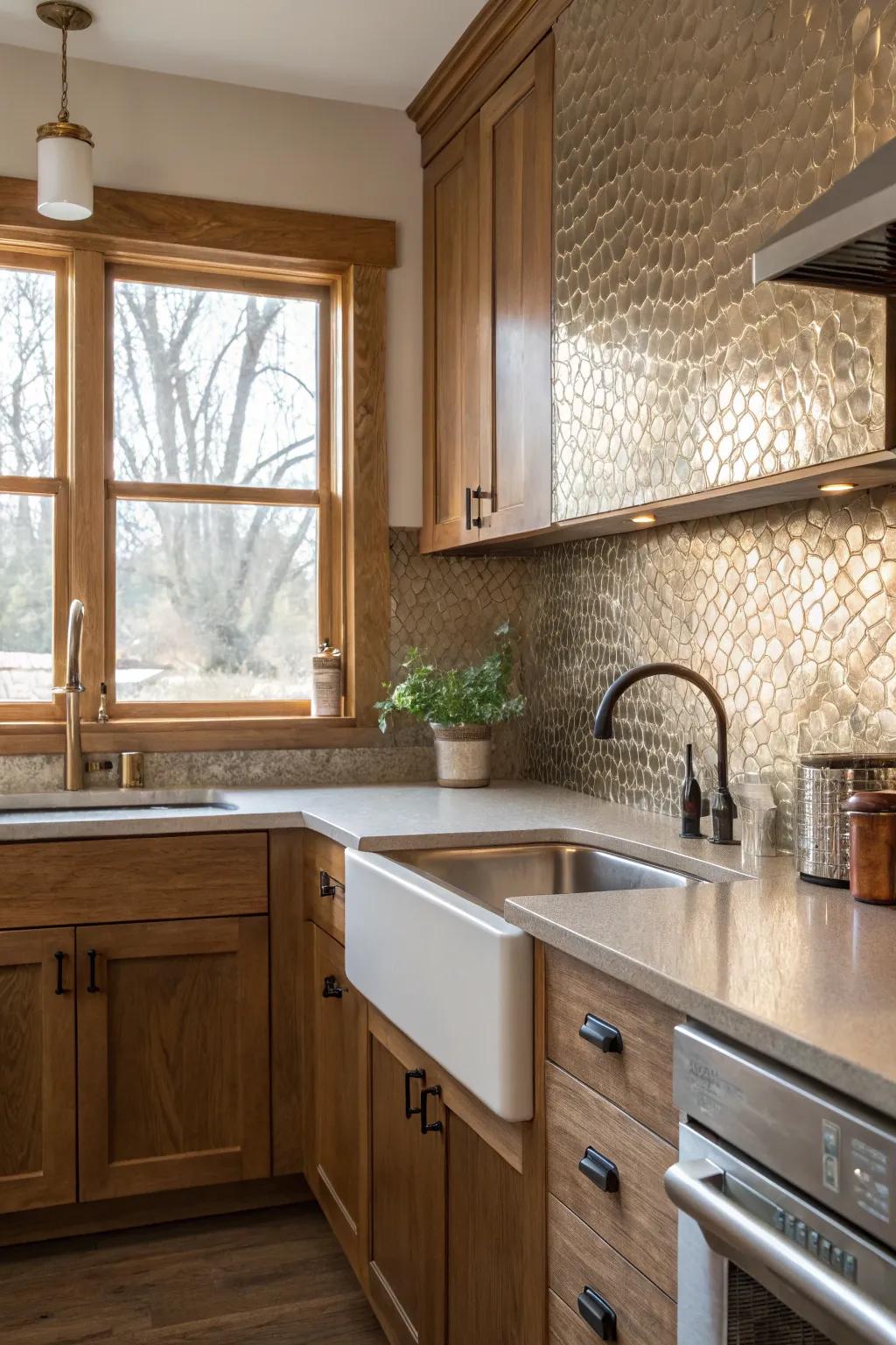 A kitchen showcasing a timeless ForgeCraft metal backsplash.