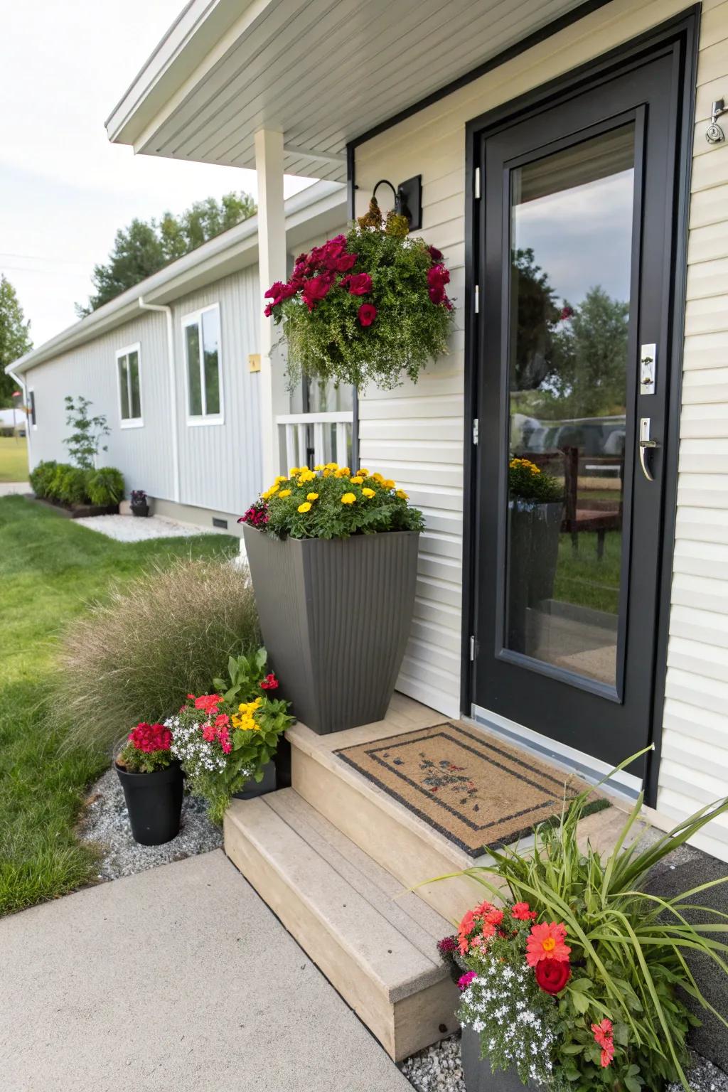 A beautifully decorated foyer including planters, in addition to a chic door, making a welcoming initial impression.