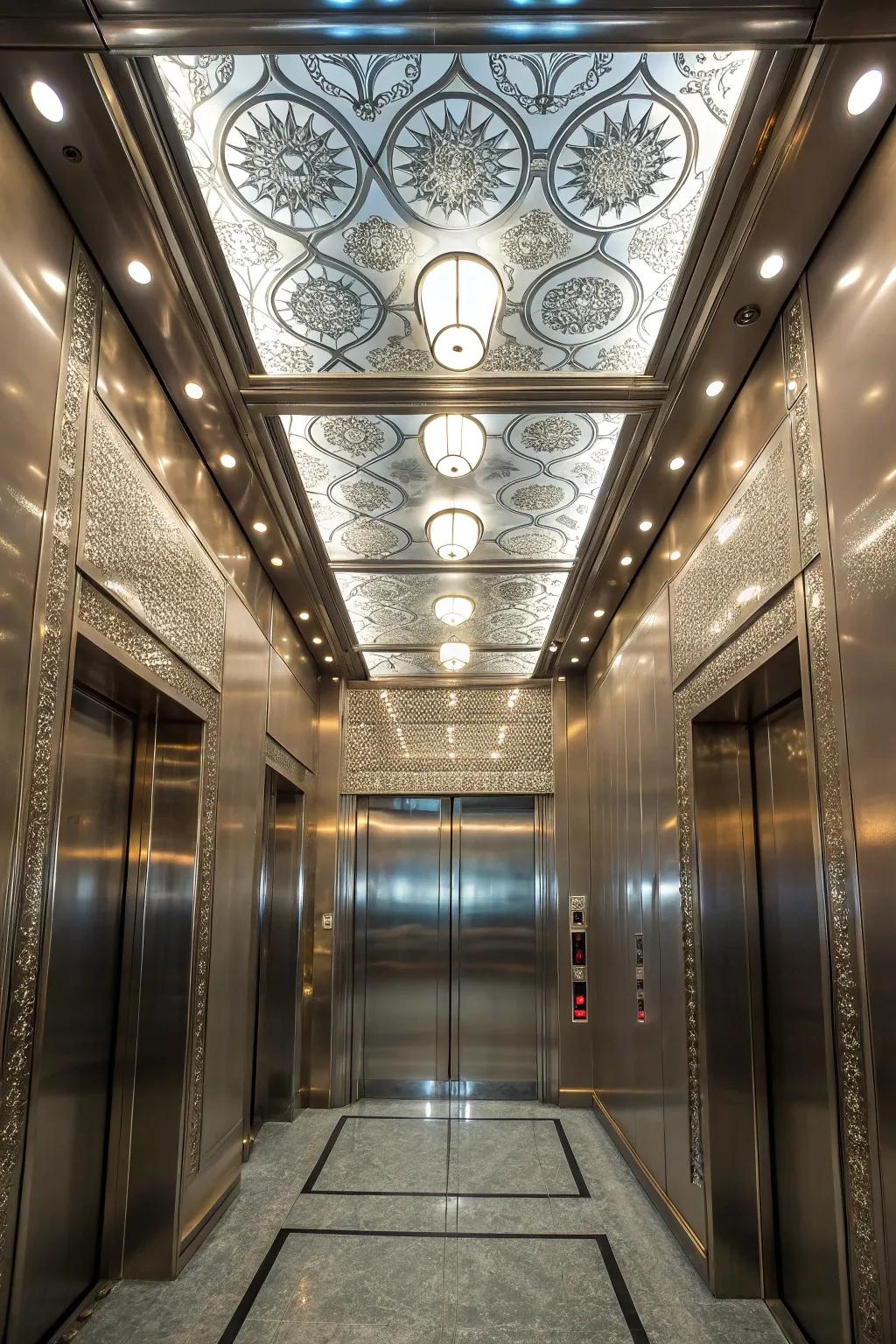 An elevator showcases a decorative ceiling to add a dramatic flourish.