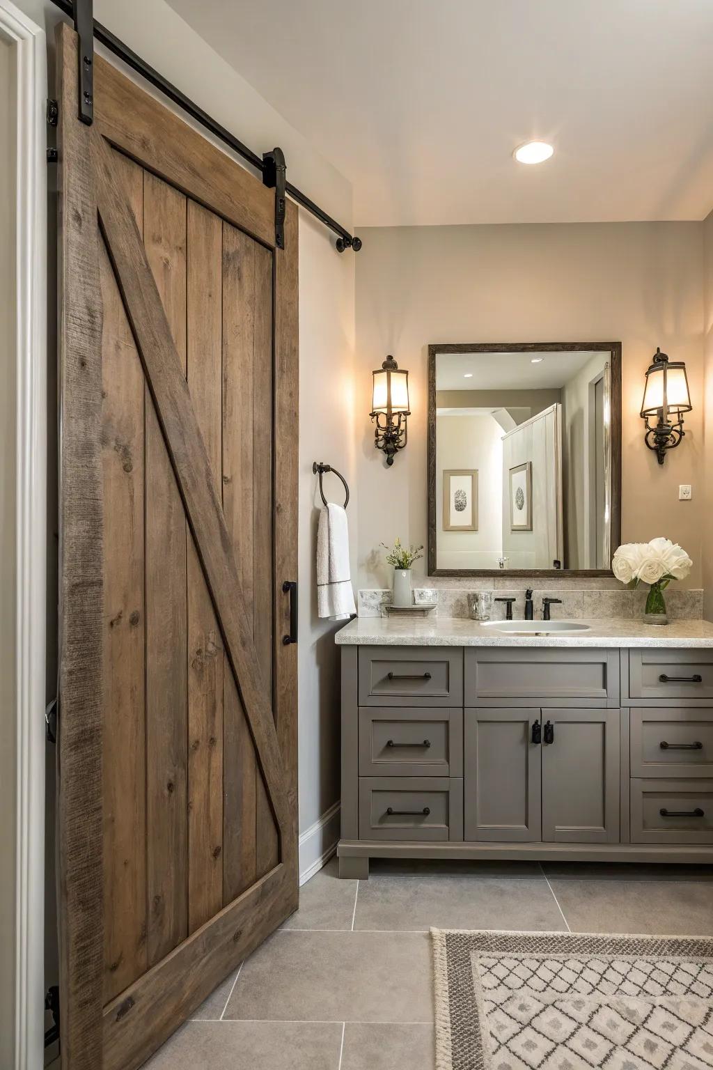 A barn door signals the entrance to a powder room.