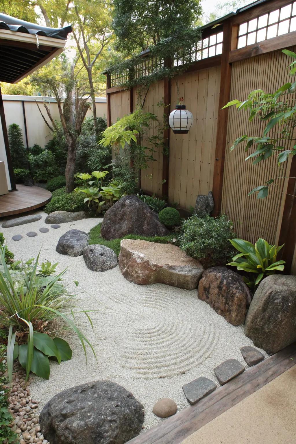 A tranquil zen sanctuary provides a serene escape for introspection and meditation within the garden setting.