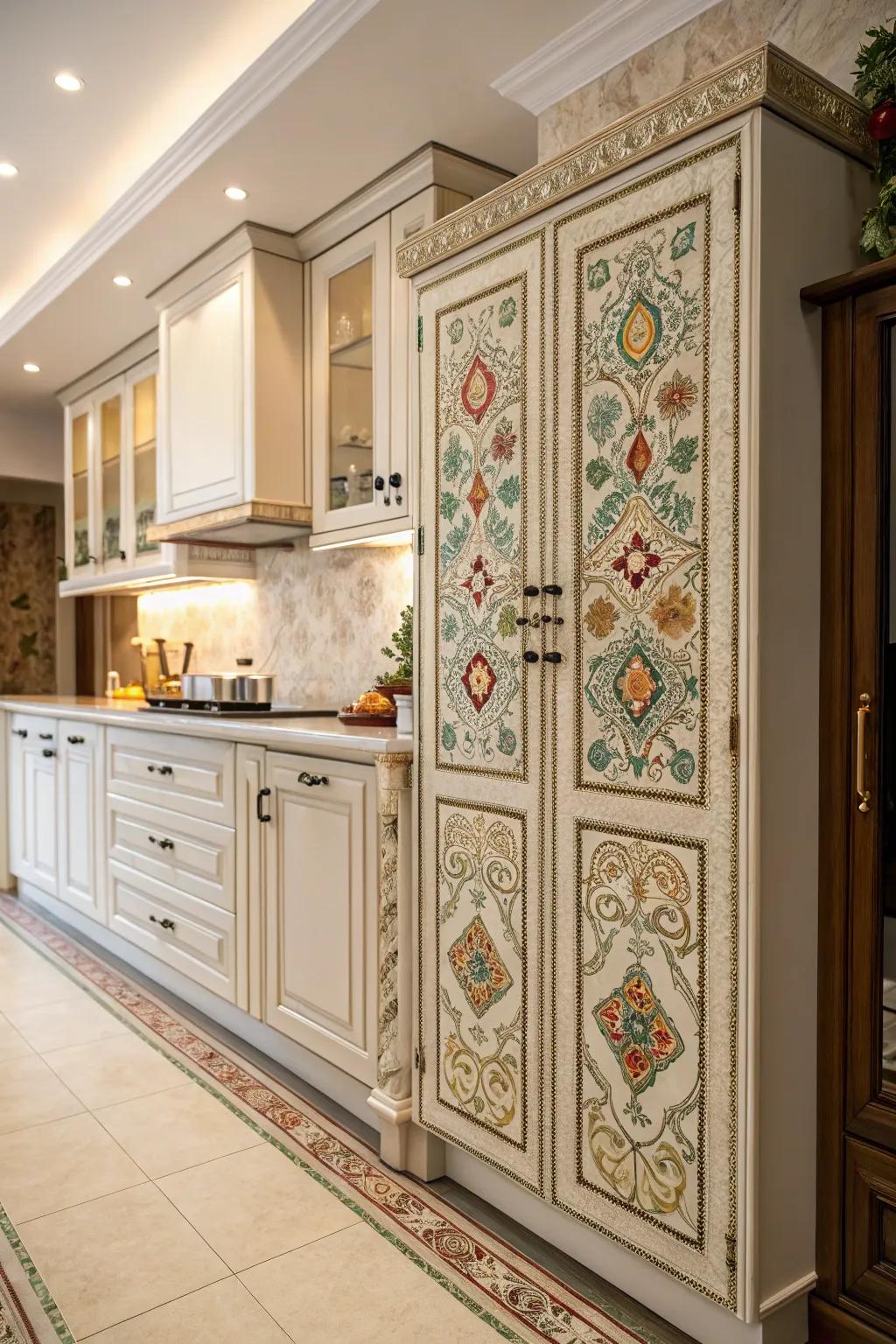 Decorative panels add a personalized touch to cabinets.