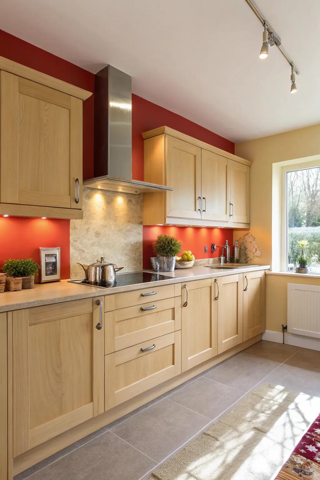 A daring accent wall injects a dynamic contrast to pale maple cabinets.