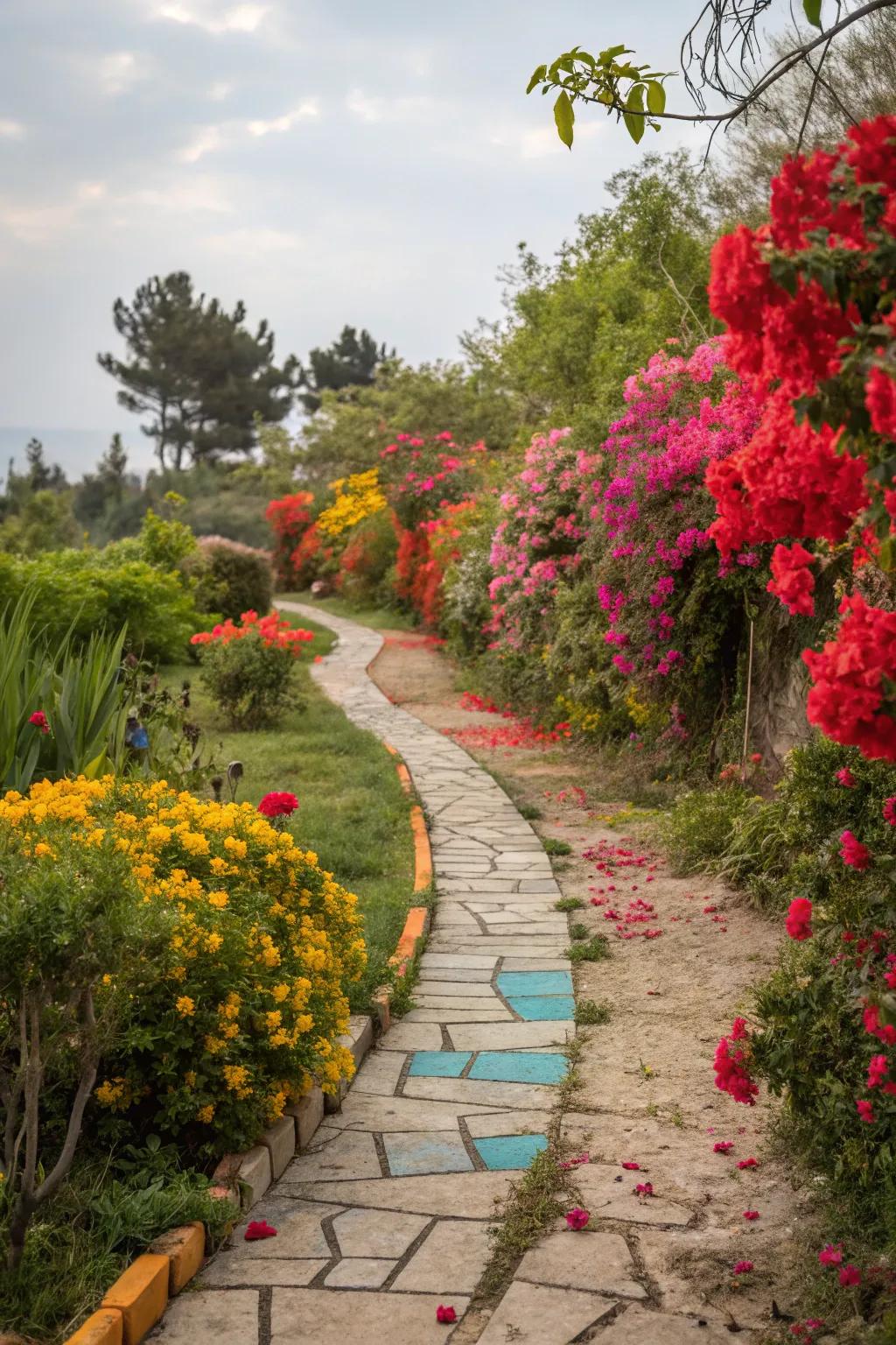 A garden walkway that stands out with striking colors, adding energy to the space.