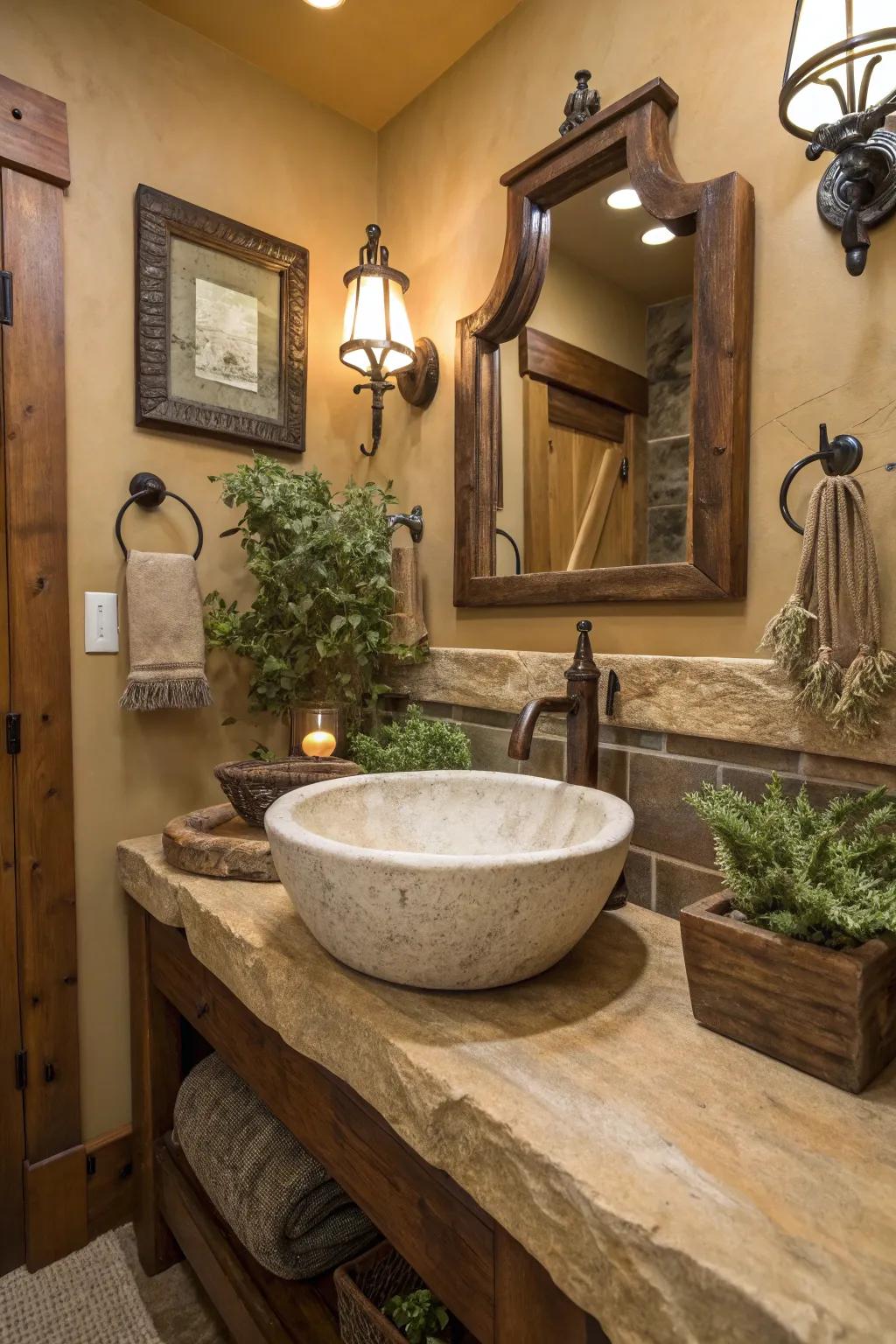 A bespoke rock sink functions as a striking centerpiece within a rustic bathroom.