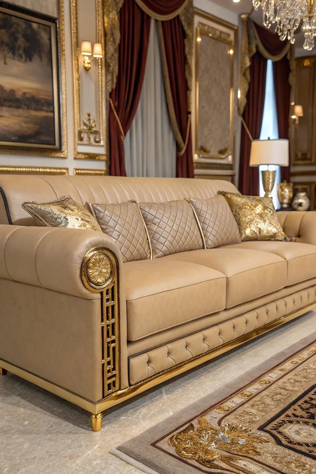 Metallic details bring glamour to a lounge featuring a tawny hide couch.