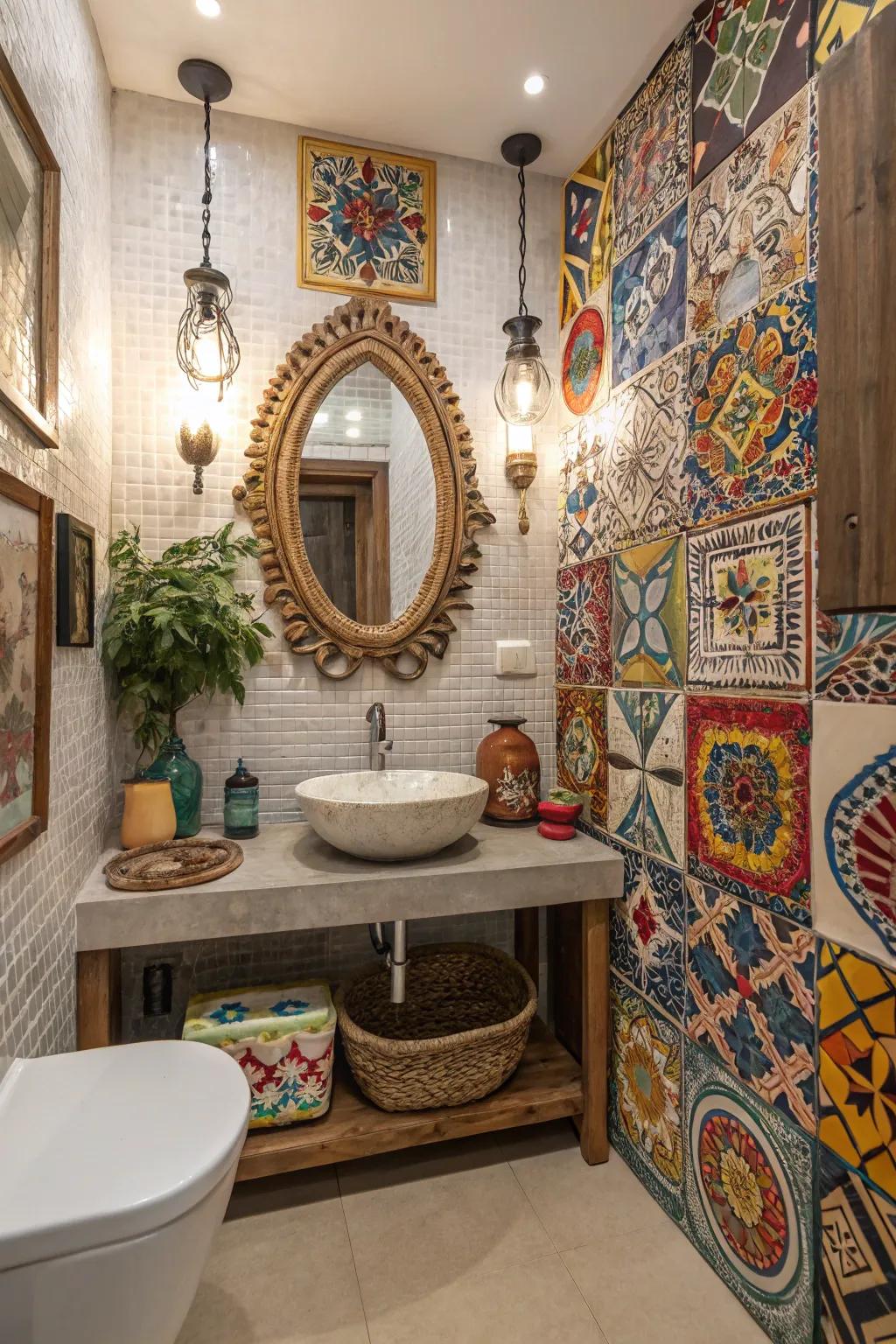 A bathroom exhibiting a unified combination of cultural mosaic designs.