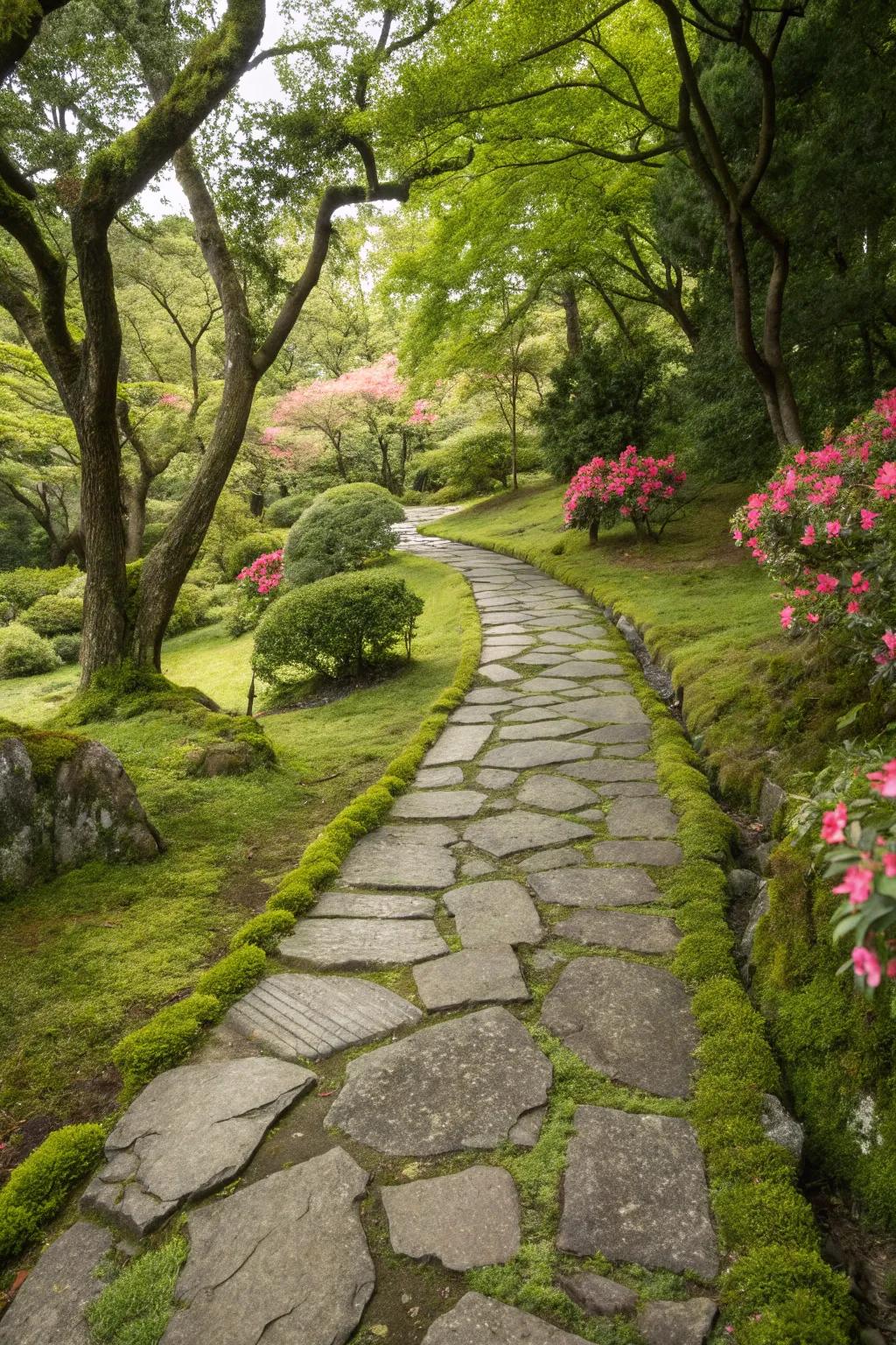 A whimsical stone route complemented by vegetation to conjure a storybook outcome.