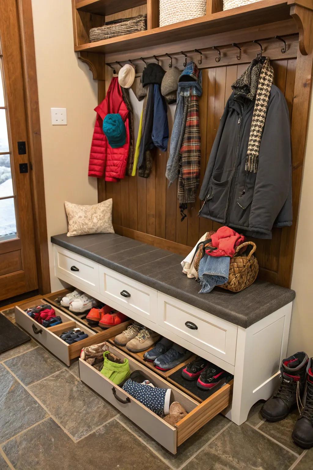 Mudroom seat featuring under-seat drawers for additional storage.