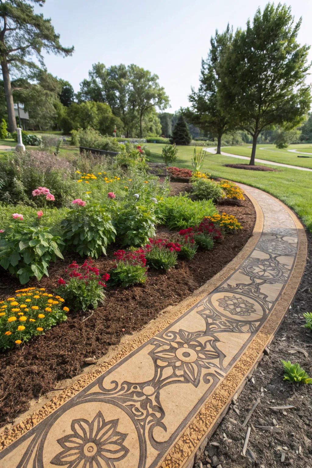 Artistic mulch configurations fashion unique garden blueprints.