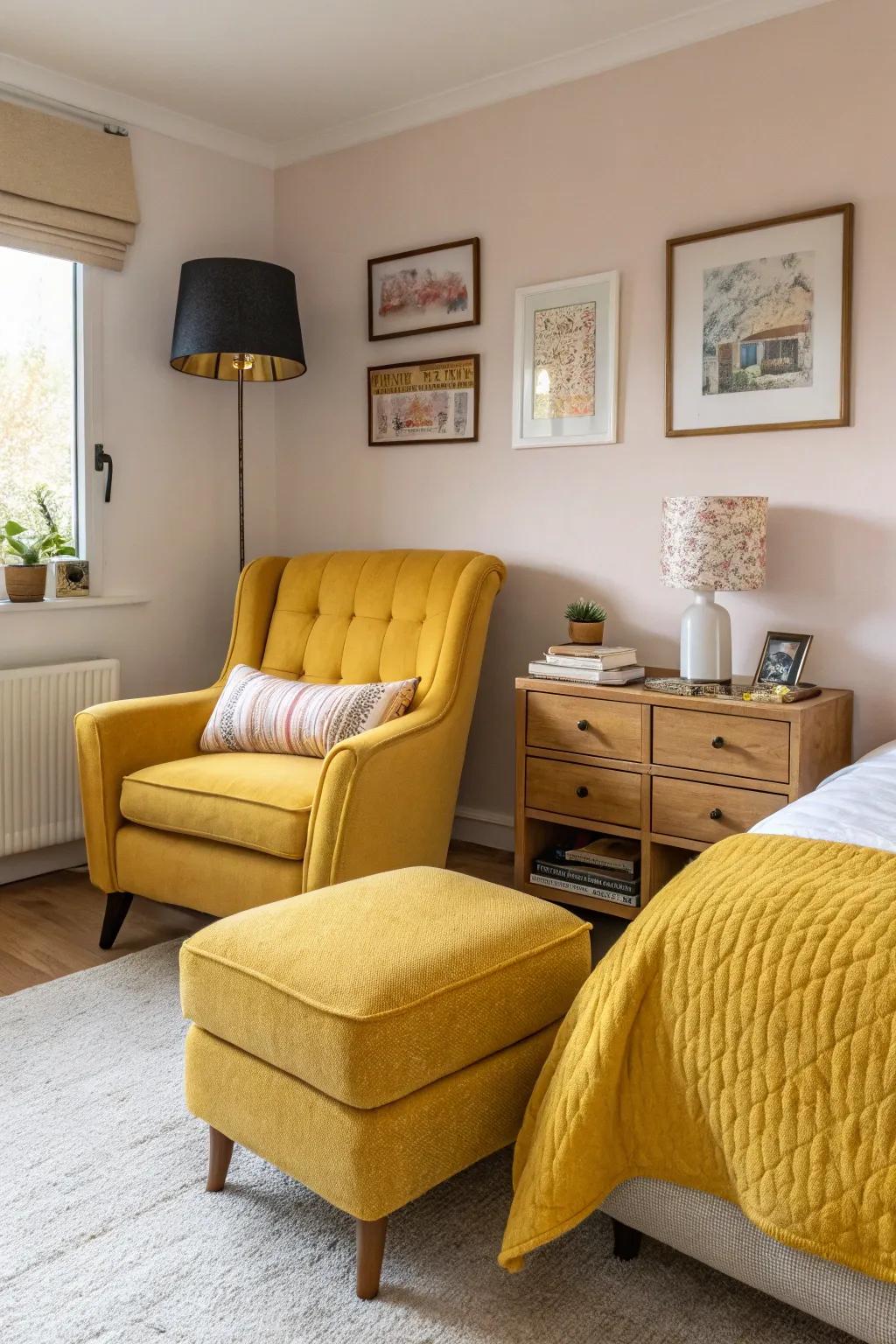 A sleeping chamber showcasing furnishings upholstered in amber fabric.