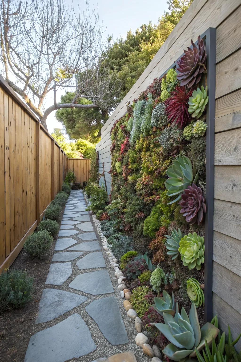 A succulent partition offers a stunning and low-maintenance attribute in a narrow garden.